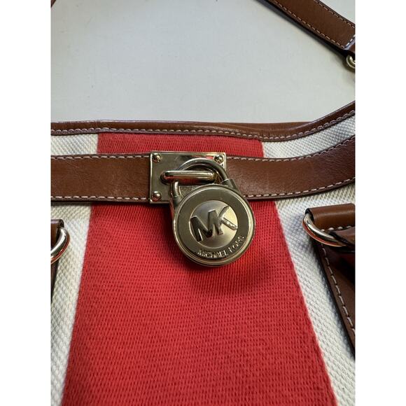 Michael Kors Hamilton Mono Red Stripe Canvas Leather Tote Large Lock Chain - Picture 2 of 10